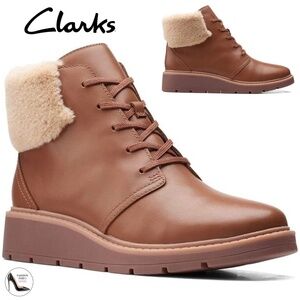Clarks Andie Go Fur Lace-Up Brown Leather Ankle Boots Casual Winter Booties 7